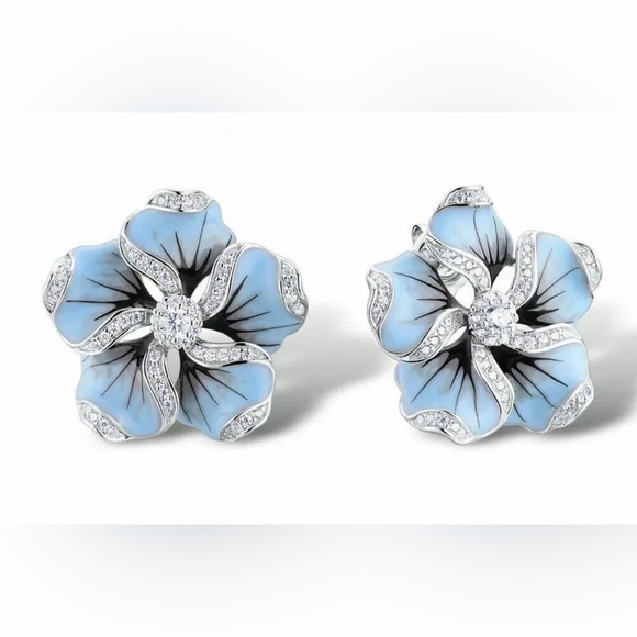 Jewelry - NEW 925 Silver Plated Blue Flower Stud Statement Earrings, Crystal Cubic Zircon